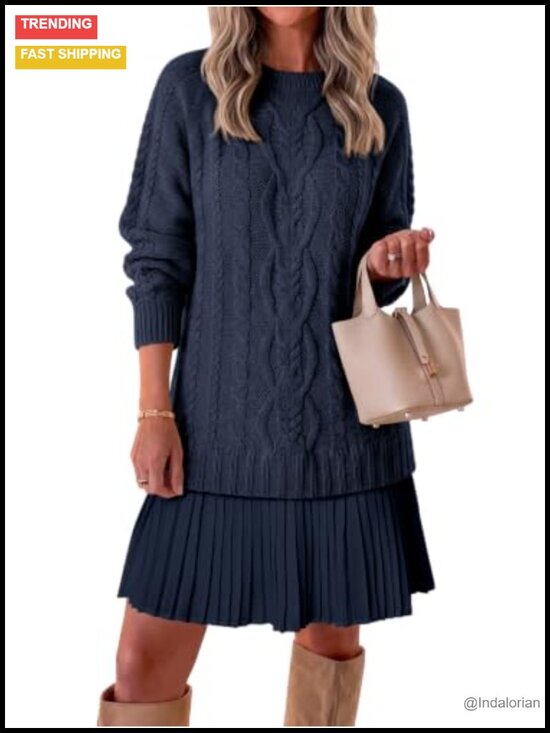 Dresses & Skirts - Cable Knit Sweater Dress Pleated Long Sleeve Crewneck Mini Preppy Fall Chunky